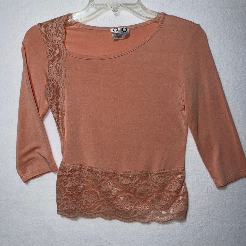 Clio Petites Peach Lace Trim 3/4 Sleeve Top Size PS Rayon Spandex Made in USA